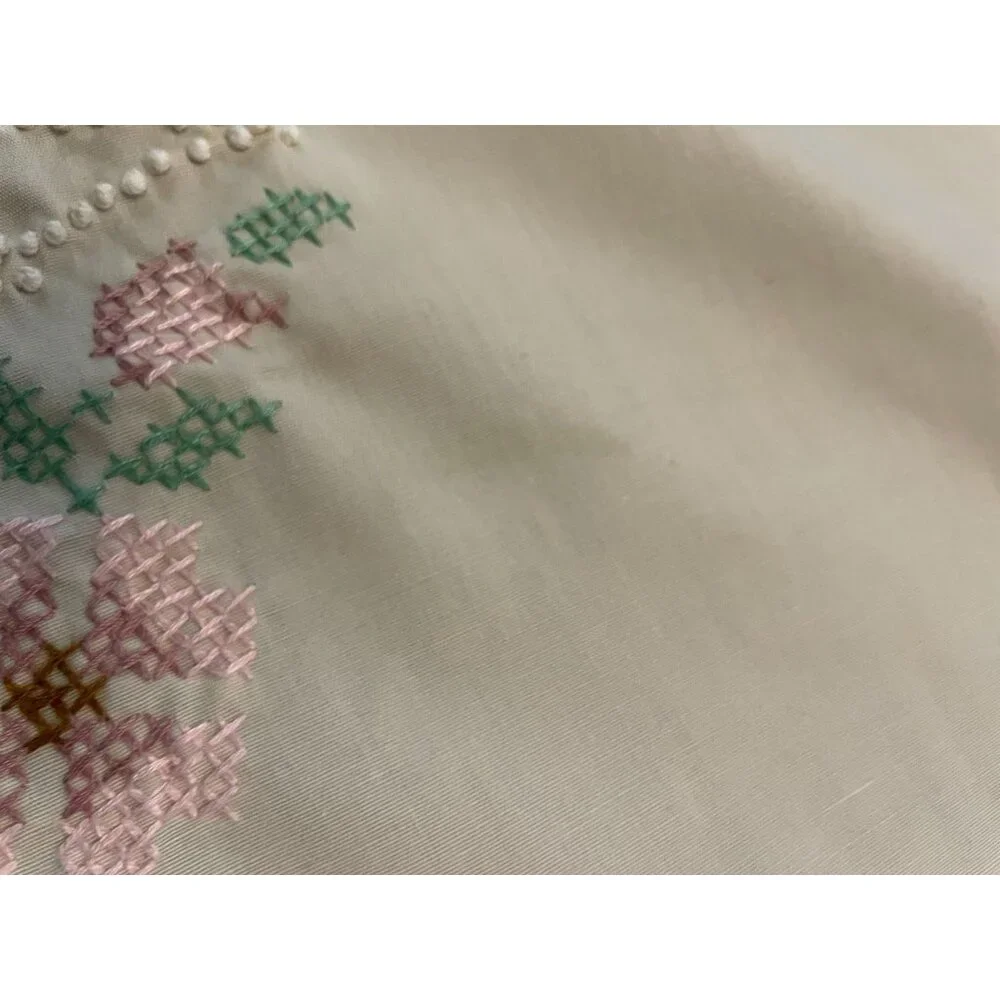Vintage Cross Stitch Tablecloth Used Beige Mauve Green Pink